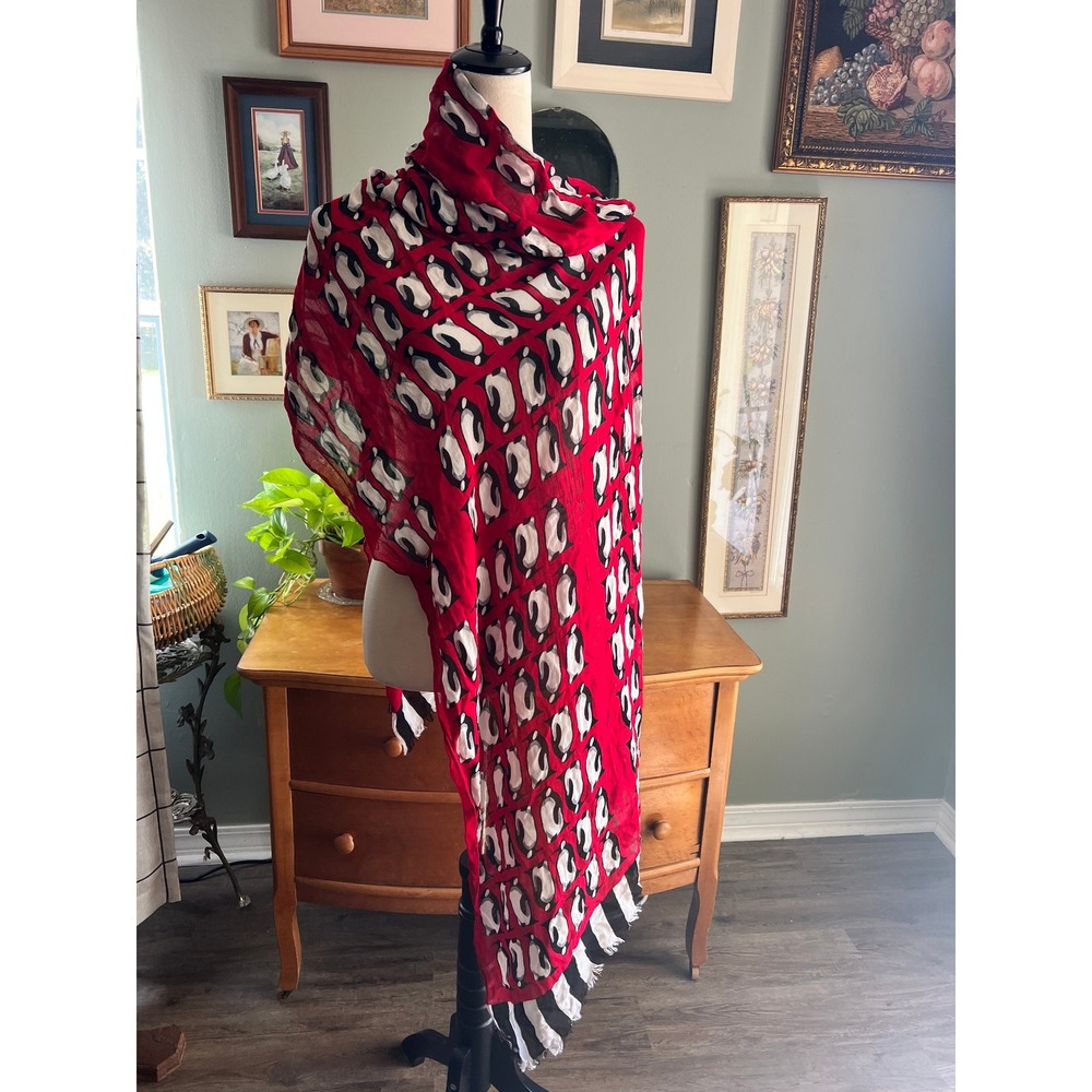 Vera Bradley Red Penguin Print Scarf Striped Border Frayed Edge Wrap